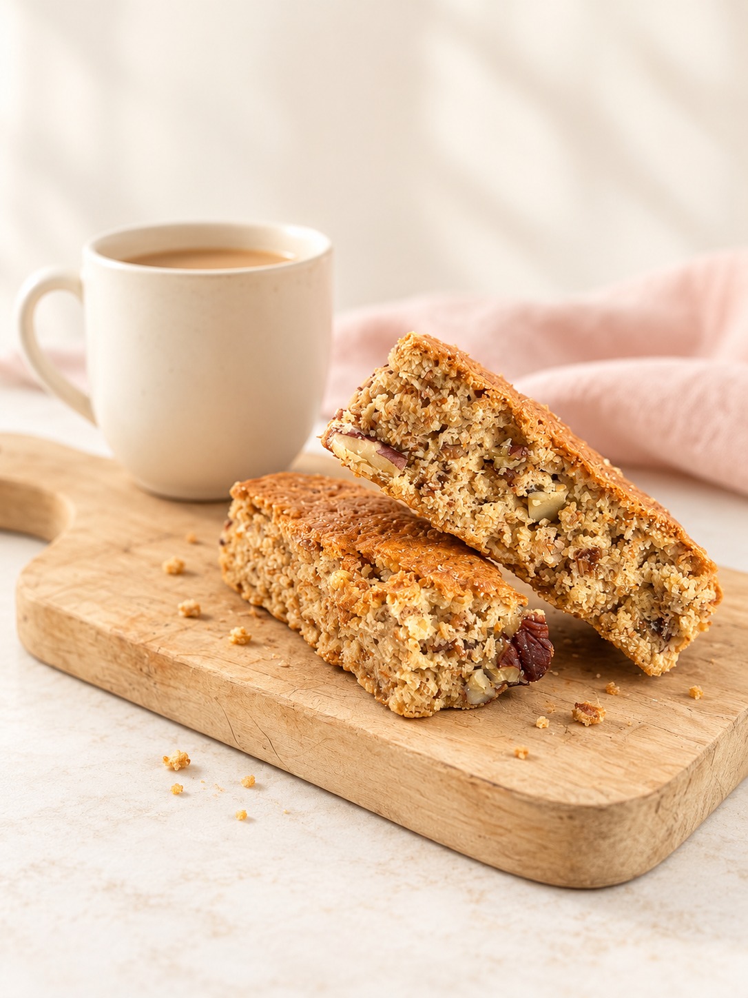 Homemade bran rusks with visible pecan pieces on a pale wooden board