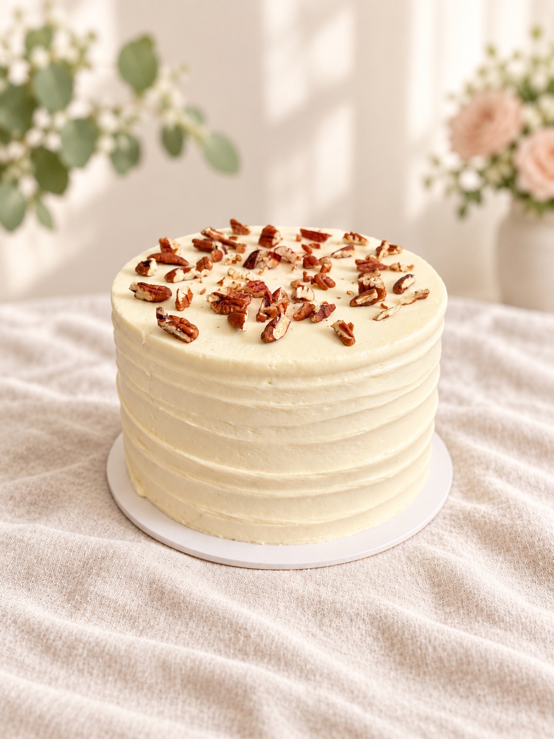 Carrot cake with cream cheese icing and pecan nuts on a white cake board