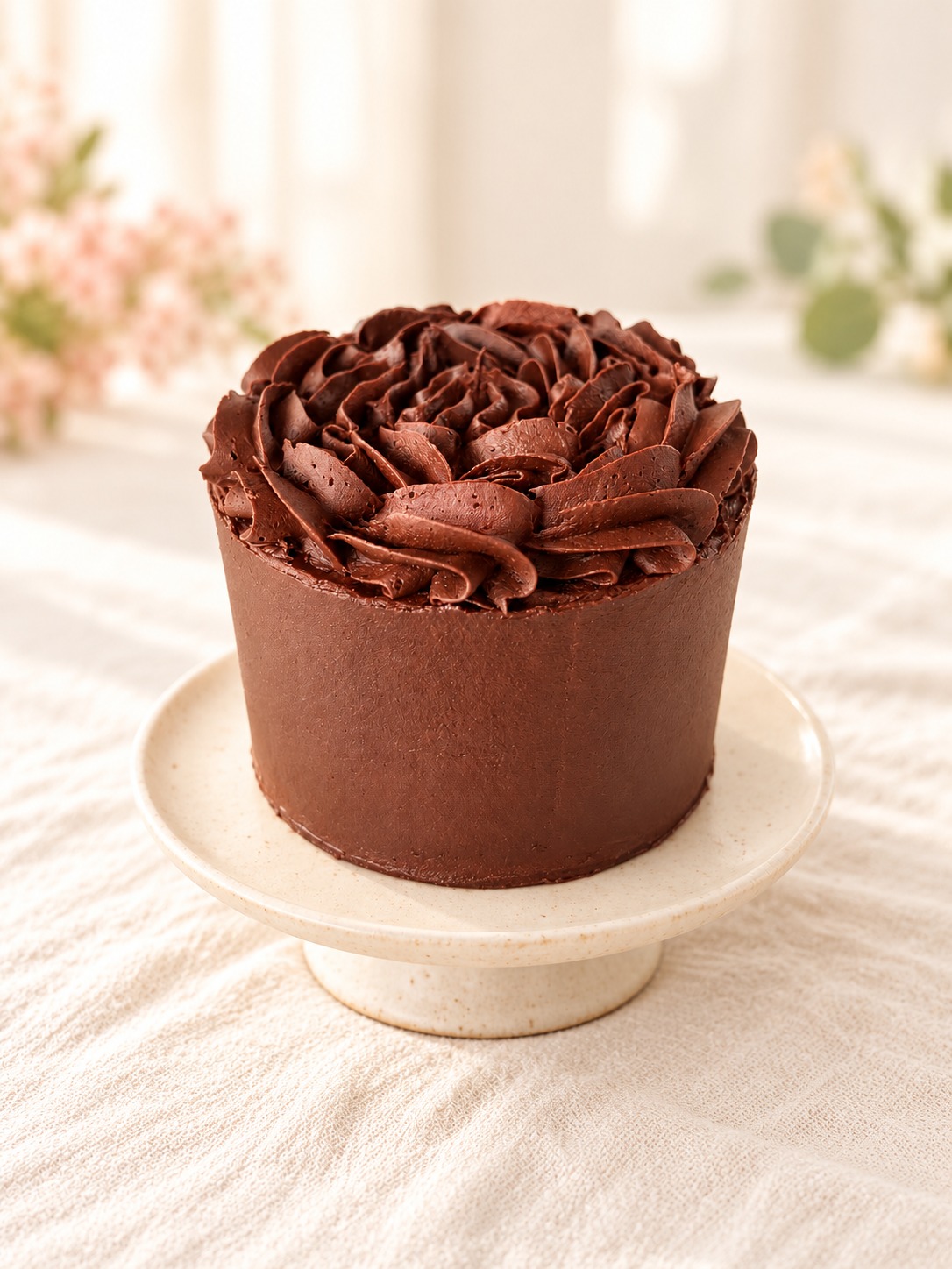 Classic chocolate cake with smooth chocolate icing and rich chocolate piping
