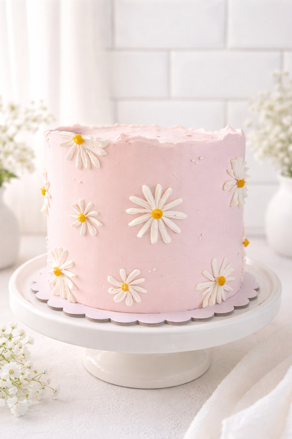Soft pink buttercream cake decorated with white daisies