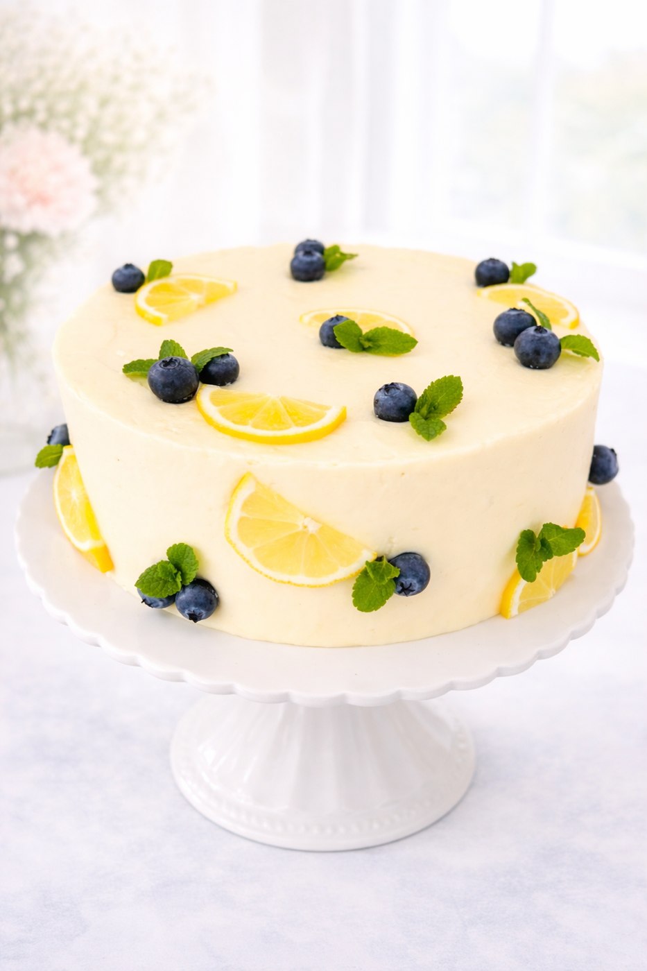Buttercream cake decorated with lemon slices, blueberries and mint