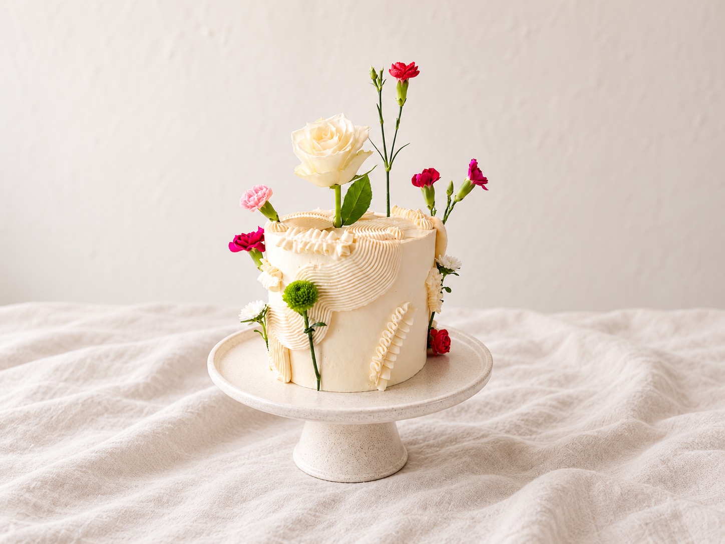 Sculptural buttercream cake with fresh flowers