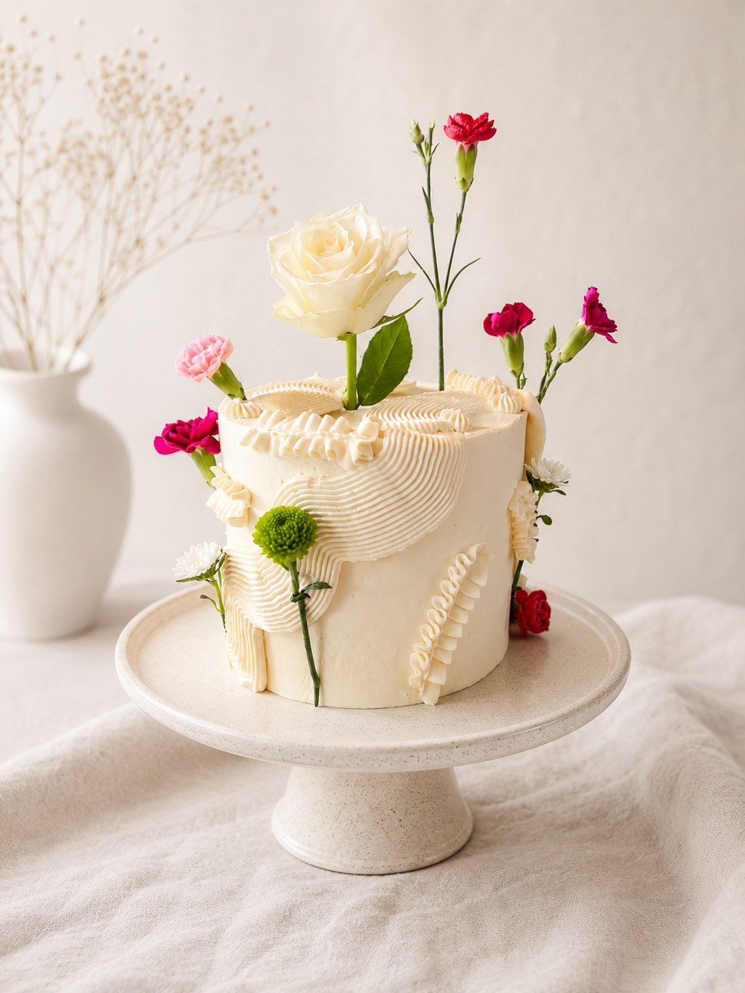 Ivory celebration cake with sculptural buttercream piping and fresh flowers