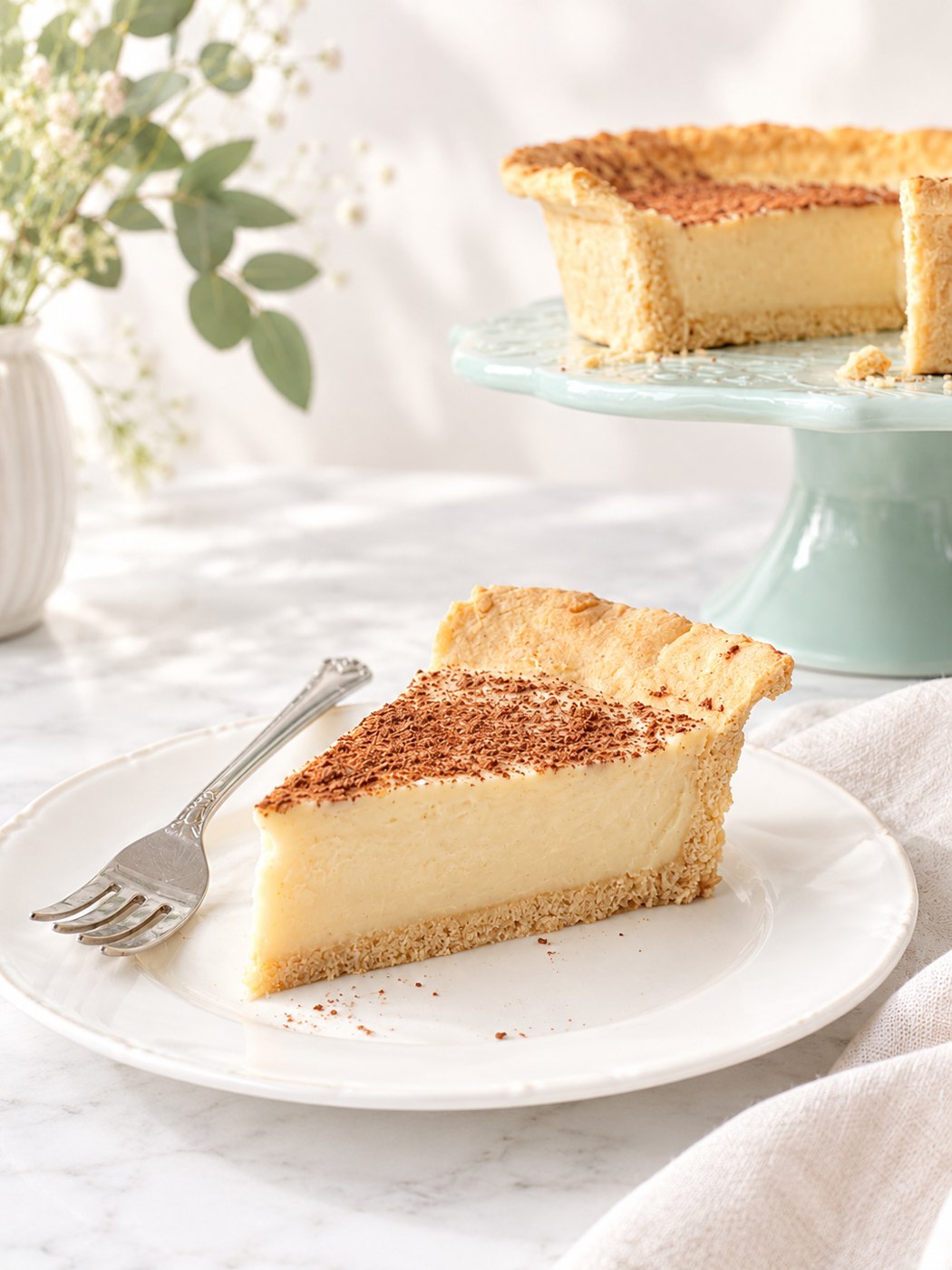 Milk tart slice with cinnamon-dusted filling and golden crust