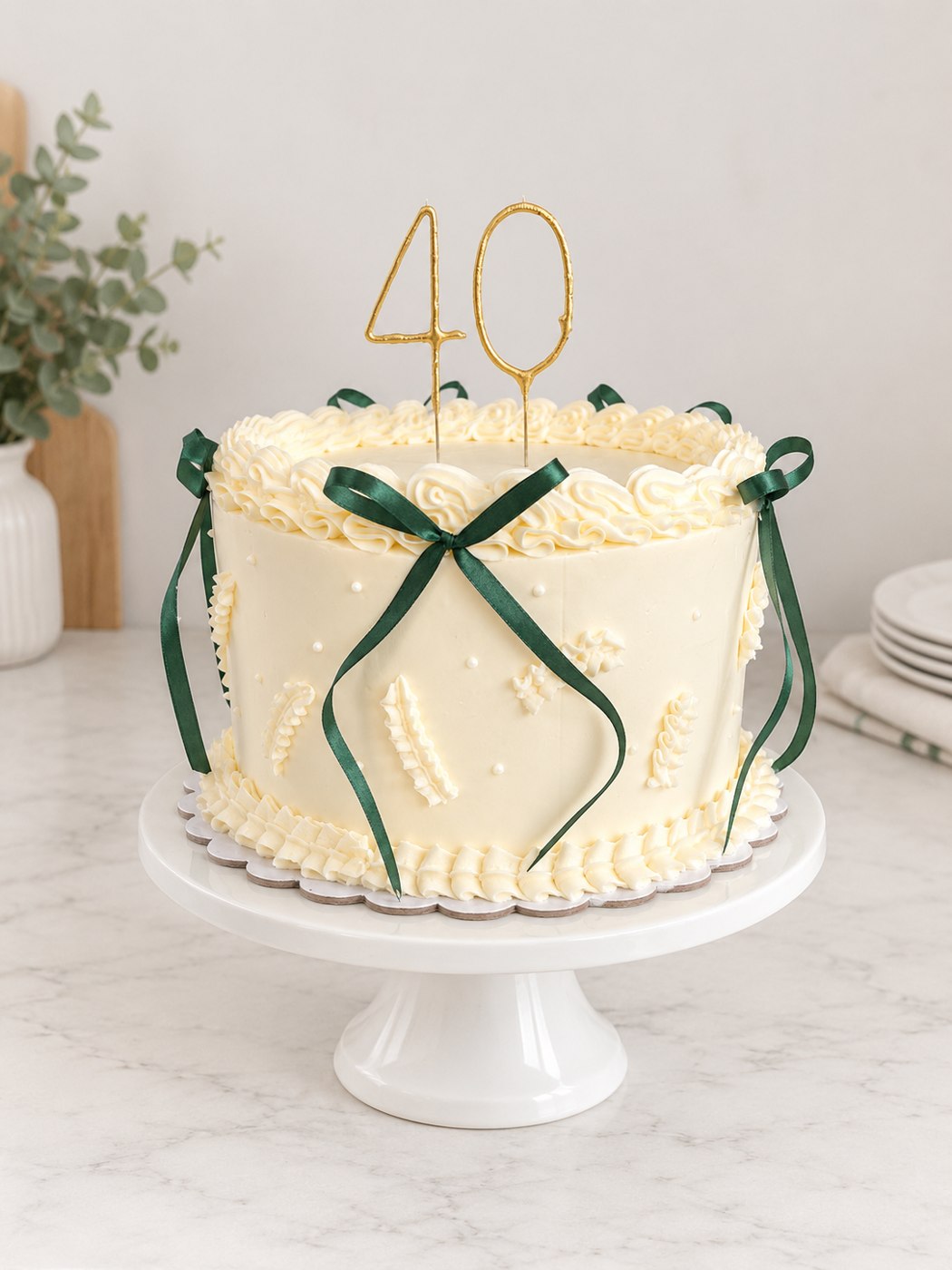 Ivory celebration cake with green ribbon bows and a gold 40 topper
