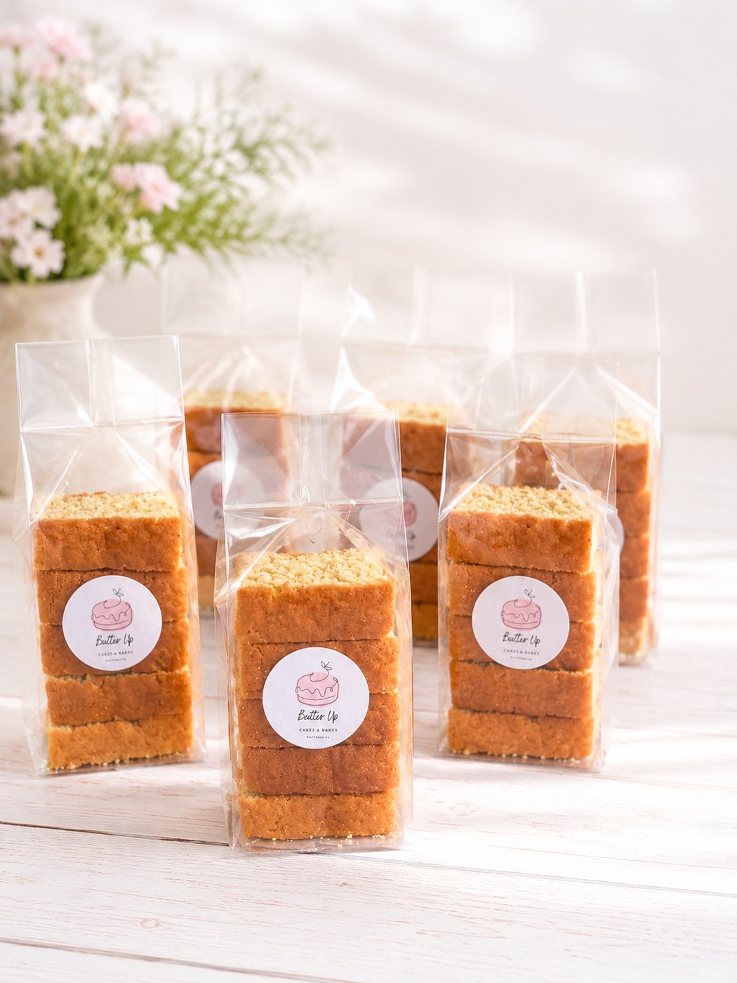 Buttermilk rusks packaged in clear bags with Butter Up labels