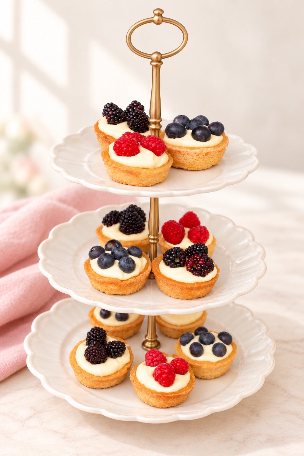 Berry custard tarts arranged on an ivory three-tier stand