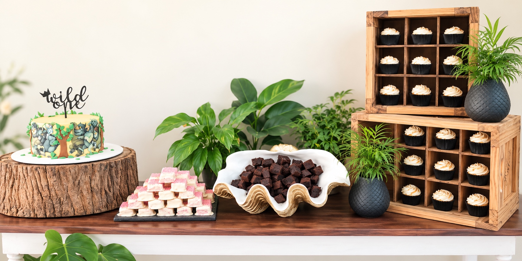 A small celebration table with a cake, bite-sized brownies and cupcakes