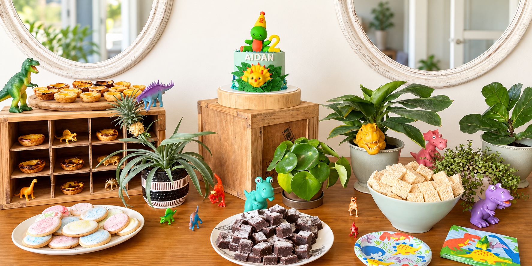 A dinosaur-themed children’s party table with a celebration cake, custard tarts, biscuits and bite-sized brownies