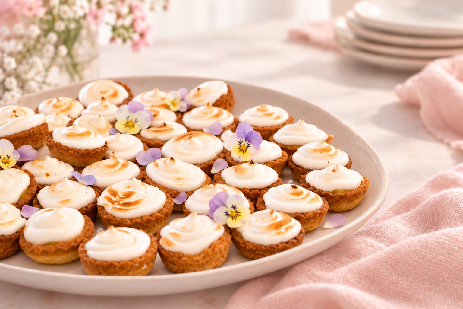 Bite-sized lemon meringue tarts with lightly toasted meringue and small edible violas