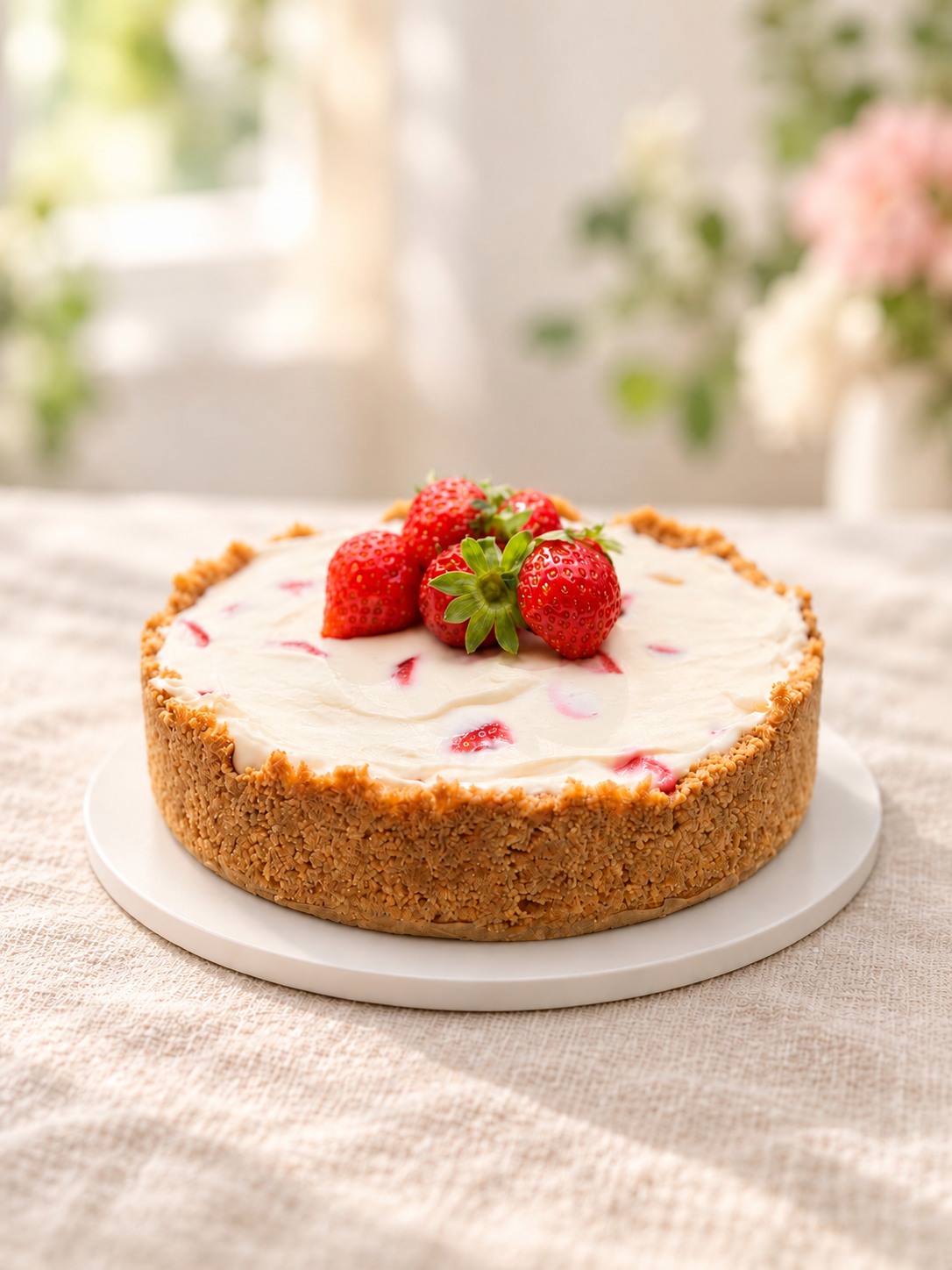 Strawberry cheesecake with a golden crumb crust and fresh strawberries on a white cake board