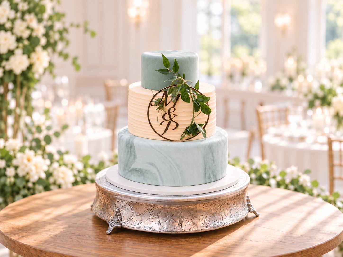 Three-tier wedding cake in soft sage-blue and ivory with a monogram and greenery