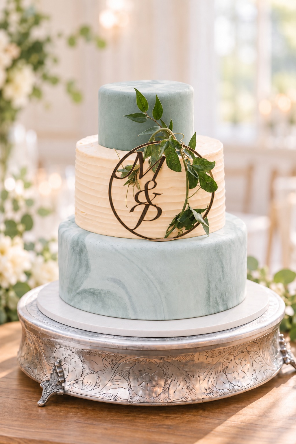 Three-tier wedding cake in soft sage-blue and ivory with a monogram and greenery